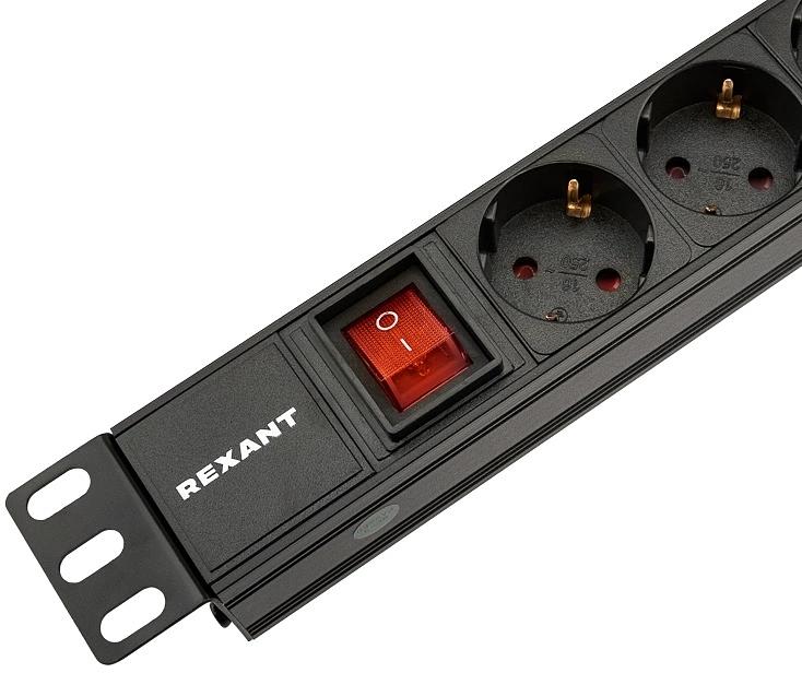 Блок распределения питания для 19" шкафов, горизонтальный, 8 розеток СЕЕ 7/4, 10A, выкл, алюм корп, гнездо C14 REXANT фото 2