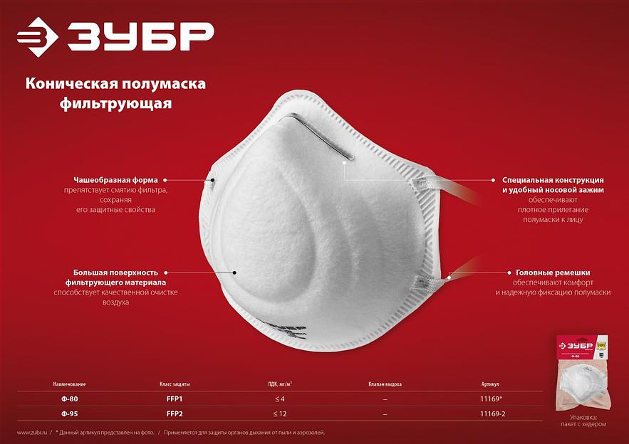ЗУБР Ф-95, класс защиты FFP2, коническая, фильтрующая полумаска (11169-2) фото 7