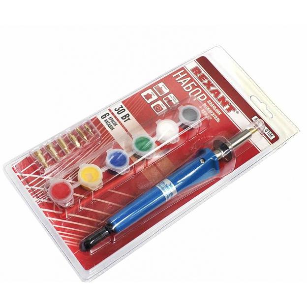 Rexant 12-0186 Набор паяльник-выжигатель (6 насадок) 220V/30 Вт + Краски фото 1