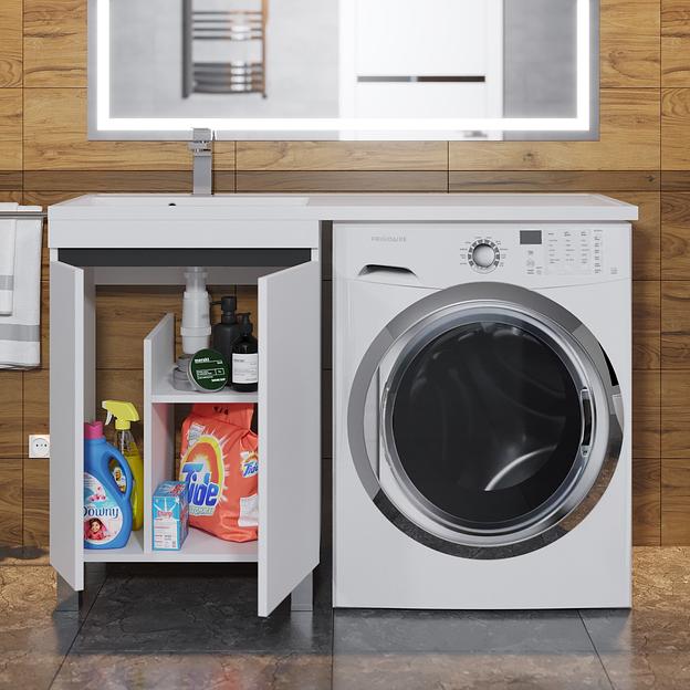 Тумба под стиральную машину с раковиной Uperwood Magenta 60/120 см, напольная, белая/графит, с дверцами, левая фото 6