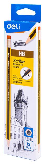 Карандаш чернографит. Deli EC004-HB HB шестигран. ластик коробка картонная (12шт) фото 2