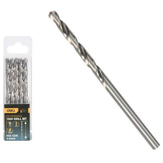 Набор сверл по металлу (4мм, 10 шт) Deli DH-MHZ040-E3 сталь HSS 4341, угол заточки 135 град, пласт. кейс фото 1