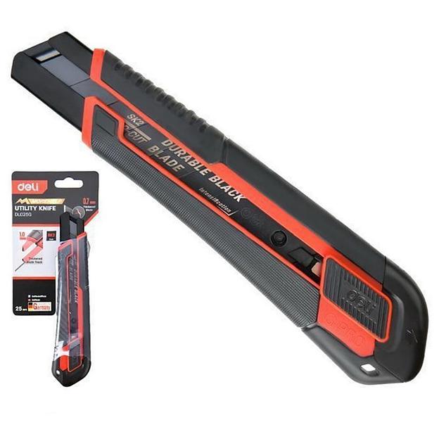 Технический нож Deli DL025G 25мм, полностью прорезиненный ударопрочный корпус, автоматическая блокировка фото 1