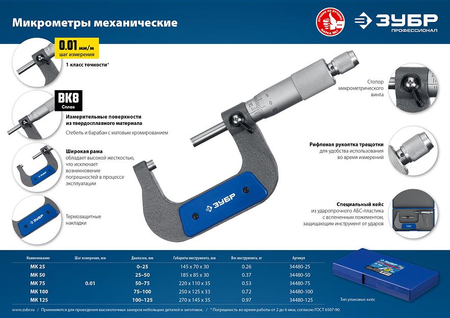 ЗУБР МК 125, 100 - 125 мм, гладкий механический микрометр, Профессионал (34480-125) фото 6
