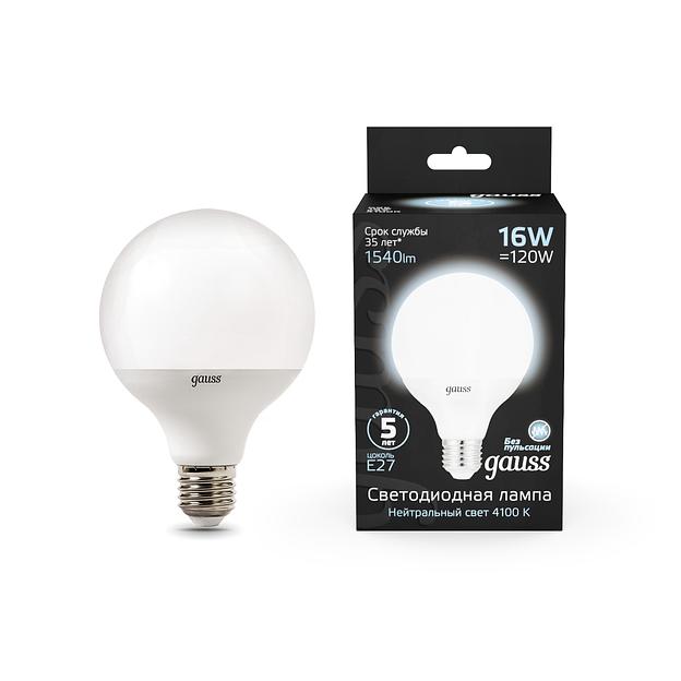 Лампа светодиодная Gauss G95 16Вт цок.:E27 шар 220B 4100K св.свеч.бел.нейт. (упак.:1шт) (105102216) фото 2