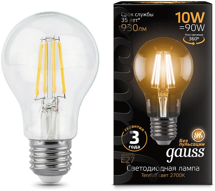 Лампа филам. Gauss 10Вт цок.:E27 шар 220B 2700K св.свеч.бел.теп. A60 (упак.:10шт) (102802110) фото 1