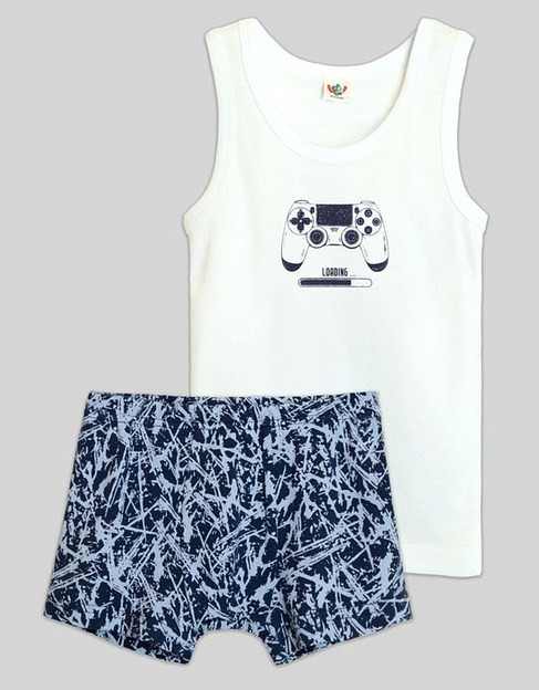 Комплект (майка, трусы-боксеры) для мальчика Let's go, рост 98-104 см белый, чернильный ОПТ фото 1