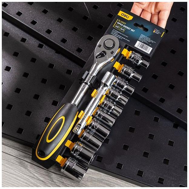 Ключи Deli Набор торцевых головок с трещоткой 12 предметов Deli DL2012T 1/2» (10 торцевых головок (10,11,12,13,14,15,17,19,21,24 мм), удлинитель, трещотка 45 зубьев, сталь 50BV30 фото 5