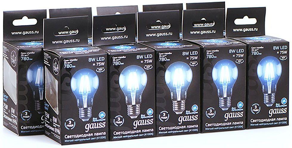 Лампа филам. Gauss 8Вт цок.:E27 шар 220B 4100K св.свеч.бел.нейт. A60 (упак.:10шт) (102802208) фото 5
