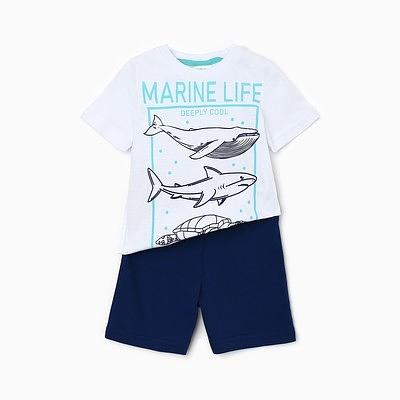 Комплект (футболка, шорты) для мальчика Let's go, рост 104-110 см белый, синий ОПТ фото 1