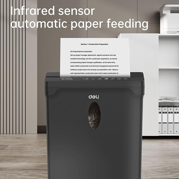 Шредер Deli ET014 черный с автоподачей (секр.P-4) фрагменты 5лист. 10лтр. пл.карты фото 4