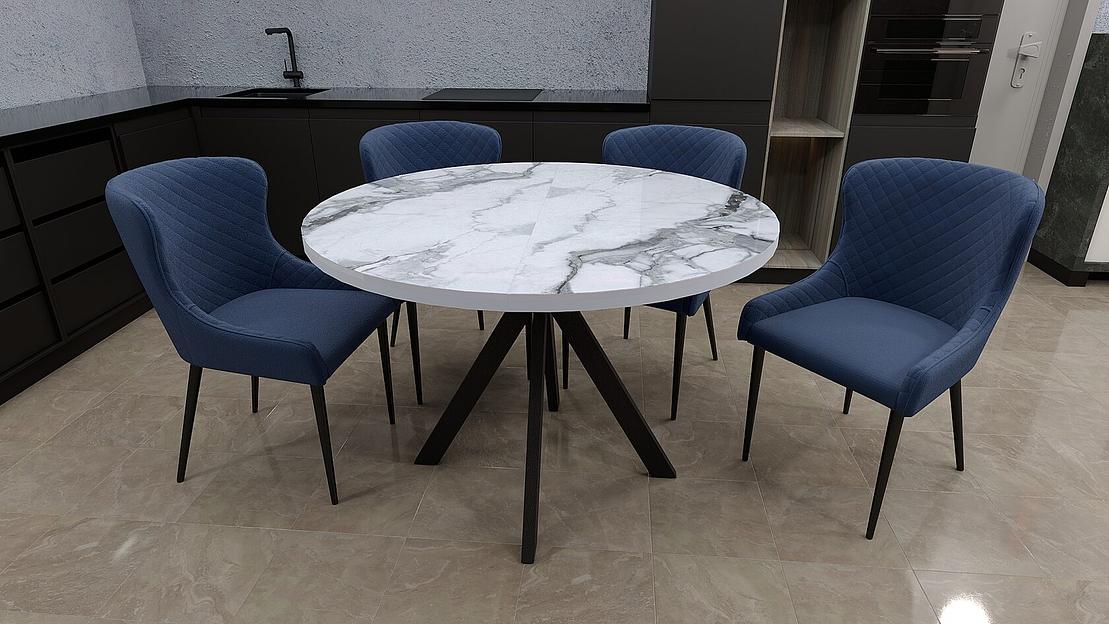 Стол Сохо 110(+35)×110×77 см чёрный металл, стекло мрамор глянец фото 1