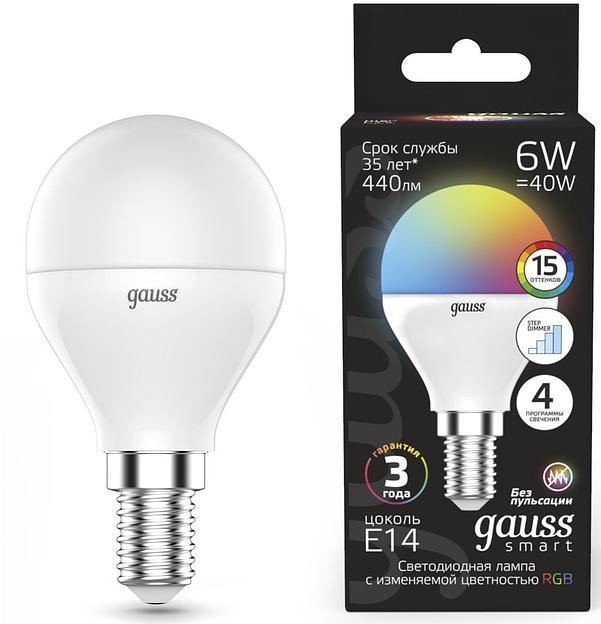 Лампа светодиодная Gauss 105101406 6Вт цок.:E14 шар 220B св.свеч.RGB (упак.:1шт) фото 1