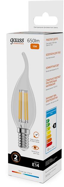 Лампа филам. Gauss Filament 10Вт цок.:E14 свеча св.свеч.бел.теп. (упак.:10шт) (42110) фото 4