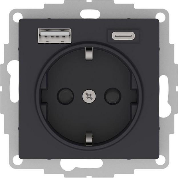 Розетка AtlasDesign 16А с 2-мя заряд. устройствами USB тип A+C 5В/2.4А 2х5В/1.2А механизм карбон SE фото 1