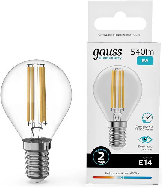 Лампа филам. Gauss Filament 8Вт цок.:E14 шар св.свеч.бел.нейт. (упак.:10шт) (52128) фото 1