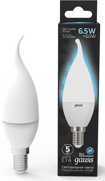 Лампа светодиодная Gauss 6.5Вт цок.:E14 свеча 220B 4100K св.свеч.бел.нейт. (упак.:1шт) (104101207) фото 1