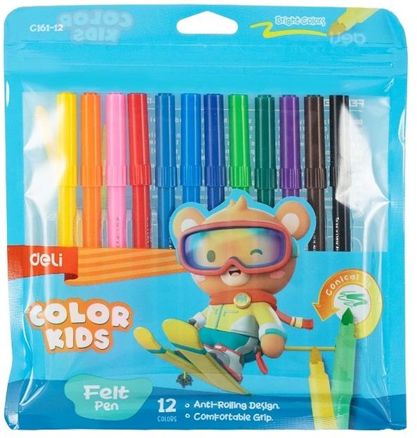 Фломастеры Deli EC161-12 Color Kids круг. конический пиш. наконечник Вентилируемый 12цв. пакет с европодвесом фото 1