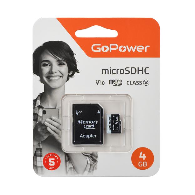 Карта памяти microSD GoPower 4GB Class10 15 МБ/сек V10 с адаптером GoPower 00-00025672 фото 1