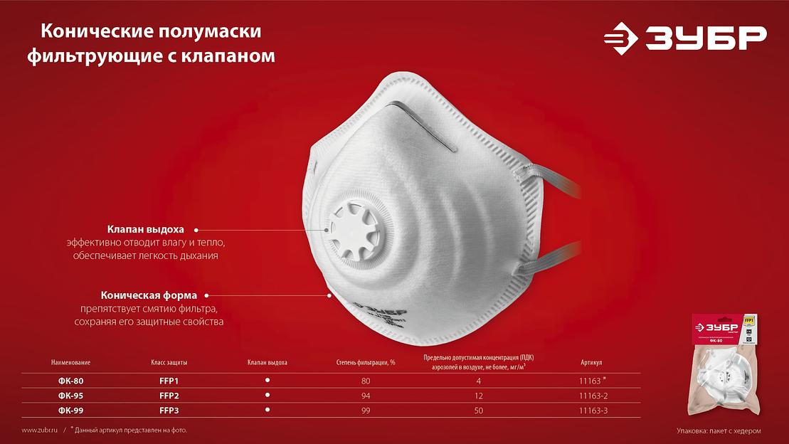 ЗУБР ФК-99, класс защиты FFP3, коническая, фильтрующая полумаска с клапаном выдоха (11163-3) фото 9