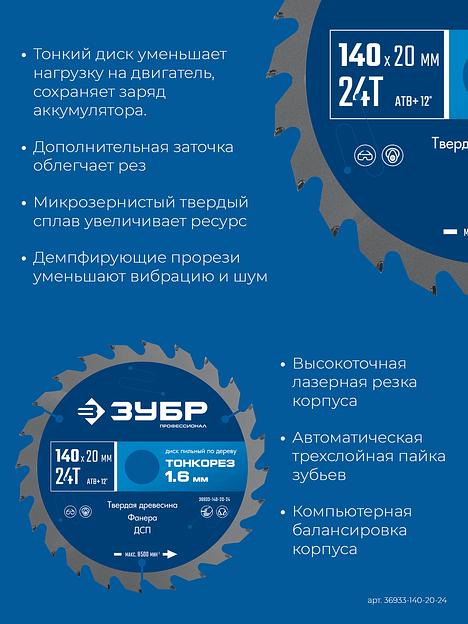 ЗУБР Тонкорез 140х20 x 1.6 мм, 24Т, диск пильный по дереву, тонкий рез, Профессионал (36933-140-20-24) фото 4