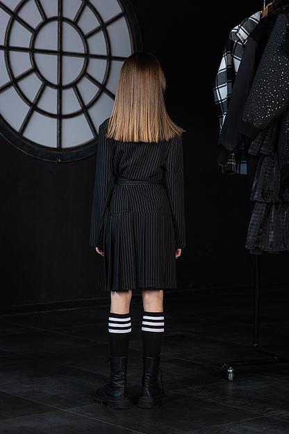 Двубортное чёрное платье-жакет в полоску на девочку ОПТ фото 3