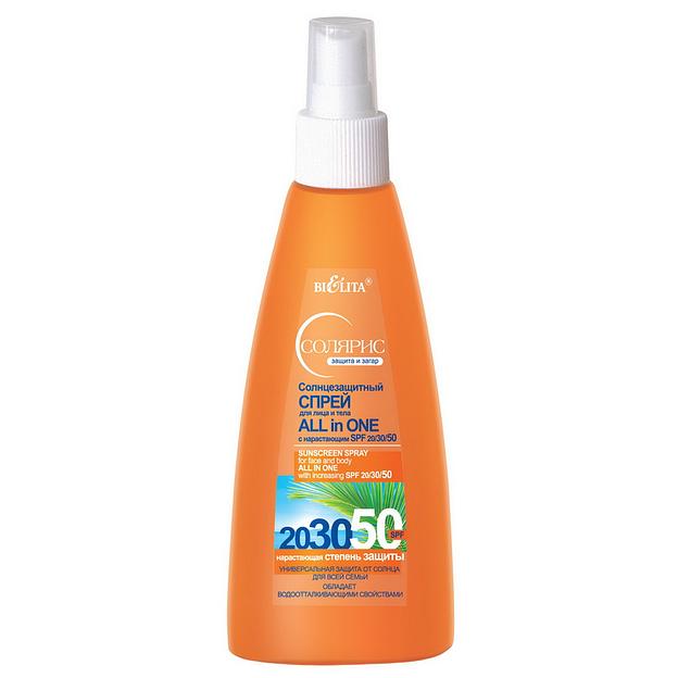 Белита солнцезащитный спрей для лица и тела all in one с нарастающим spf 20/30/50 150мл фото 1