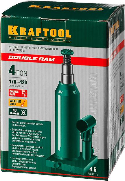 KRAFTOOL DOUBLE RAM, 4 т, 170 - 420 мм, с увеличенным подъемом, двухштоковый бутылочный домкрат (43463-4) фото 10
