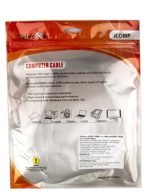 Кабель HDMI-19M --- MicroHDMI-19M ver 2.0+3D/Ethernet,1m Telecom VCOM Telecom HDMI (m) - micro-HDMI (m) 1м (TCG206-1M) фото 8