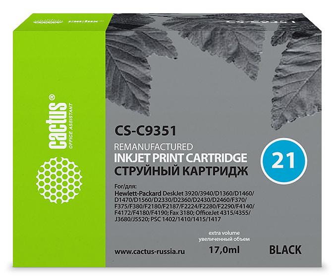 Картридж струйный Cactus CS-C9351 №21 черный (17мл) для HP DJ 3920/3940/D1360/D1460/D1470/D1560/D2330/D2360/D2430/D2460/F370/F375/F380/F2180/F2187/F2224/F2280/F2290/F4140/F4172/F4180/F4190 фото 1