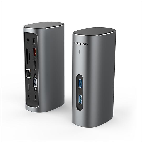 Док-станция Vention USB-C to HDMI/VGA/USB 3.1 Gen 2/USB 3.1 Gen 2-C/USB 3.0x2/RJ45/SD/TF/TRRS 3.5mm/PD/DC Docking Station Gray Vertical Aluminum Alloy Type EU Standard (TPJH0-EU) фото 1