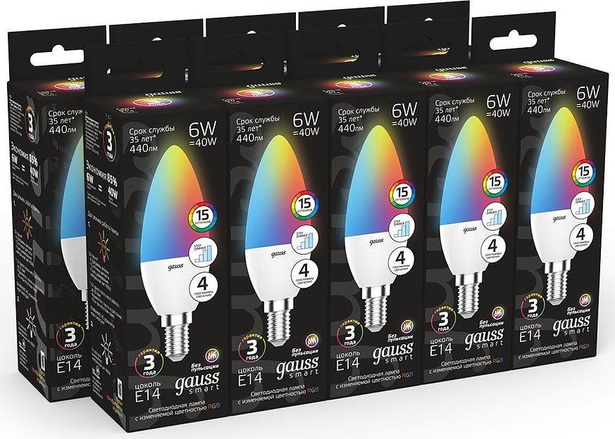 Лампа светодиодная Gauss 103101406 6Вт цок.:E14 свеча 220B св.свеч.RGB (упак.:1шт) фото 5