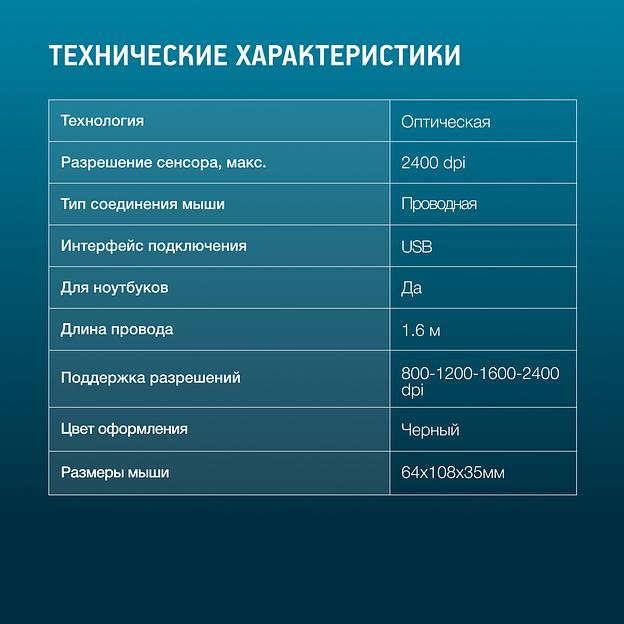 Мышь Оклик 310M черный/синий оптическая (2400dpi) USB для ноутбука (3but) фото 3