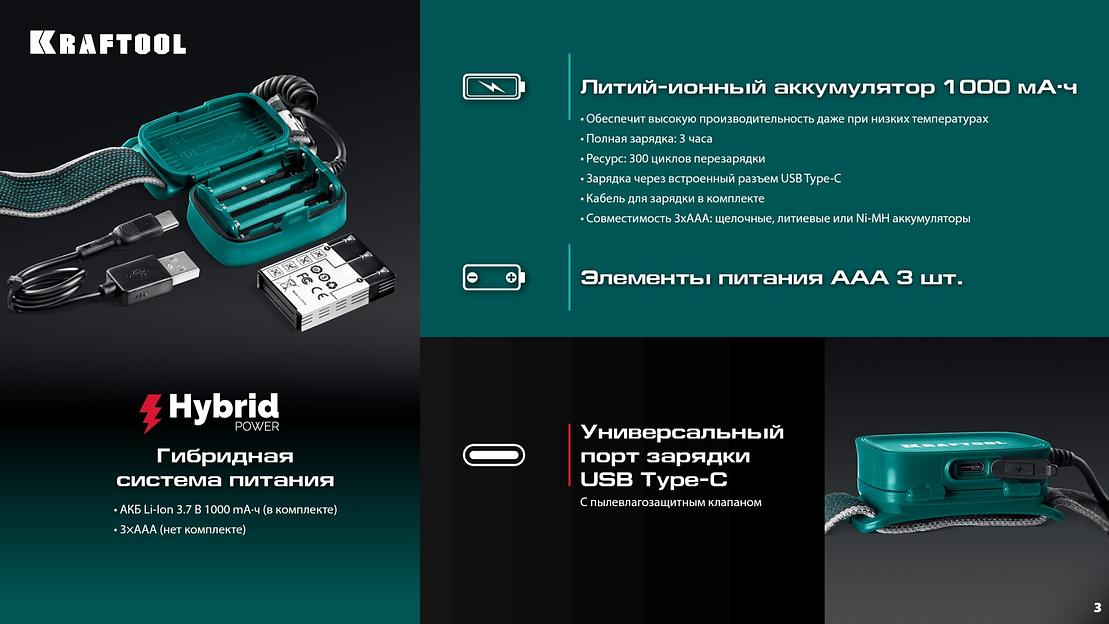 KRAFTOOL KH-10, Hybrid power, 500 лм, 5 режимов, аккумуляторный налобный фонарь, 1000мАч, 3ААА (56452) фото 10