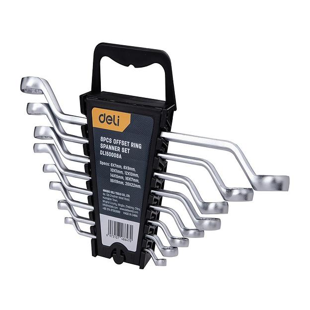Ключи Deli Набор накидных изогнутых гаечных ключей 8 шт Deli DL150008A размеры 6x7, 8x9, 10x11, 12x13, 14x15, 16x17, 18x19, 20x22 мм, матовая хромированная поверхность, пластиковый кейс фото 2