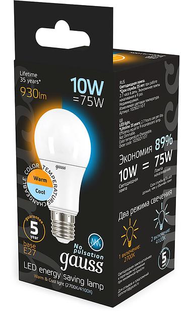 Лампа светодиодная Gauss A60 10Вт цок.:E27 груша 220B св.свеч.бел.теп. (упак.:10шт) (102502110-T) фото 5