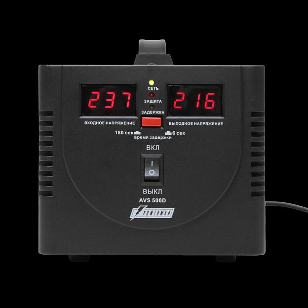Стабилизатор POWERMAN AVS 500D, черный, ступенчатый регулятор, цифровые индикаторы уровней напряжения, 500ВА, 140-260В, максимальный входной ток 5А, 2 евророзетки, IP-20, напольный, 200мм х 150мм х 140мм, 2,3 кг. POWERMAN AVS 500D (POWERMAN AVS 500D Blac фото 2