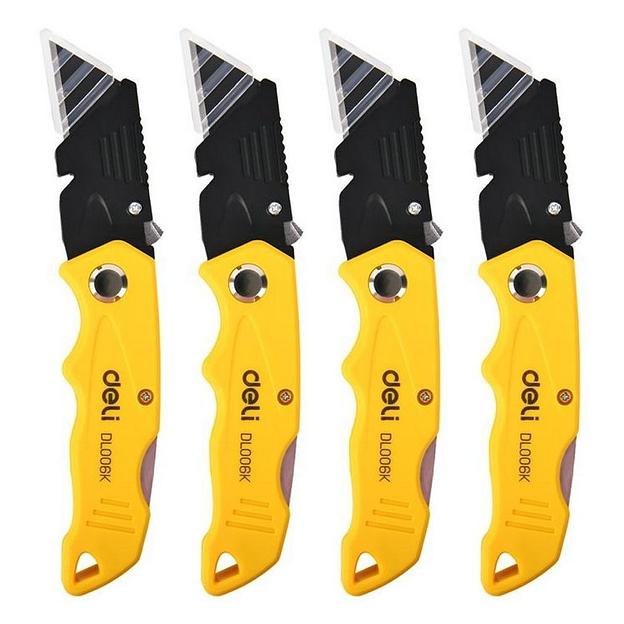 Набор (4 шт) строительных складных ножей с Т-образным лезвием Deli DL006K-4 в комплекте 10 лезвий, сталь SK5, пластиковая рукоятка фото 1