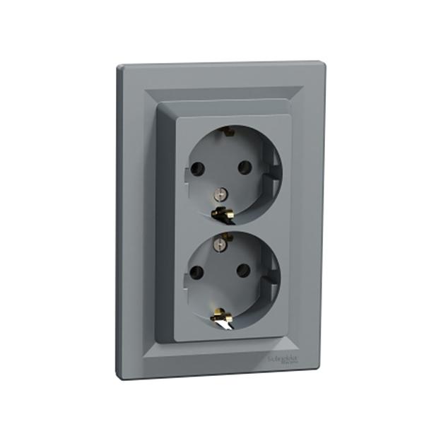 Розетка двойная SE EPH9900162 Asfora с заземлением в сборе винтовой сталь фото 1