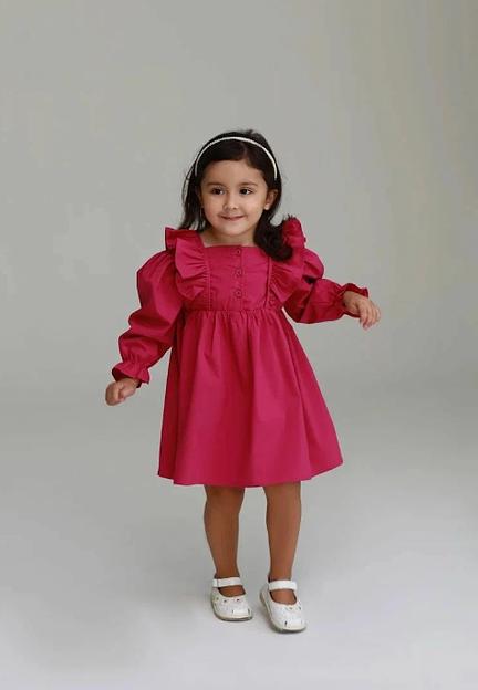 Платье для девочки из хлопка с длинным рукавом цвет малиновый ОПТ фото 5