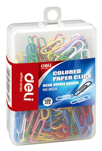 Скрепки Deli E0024 пластиковая оболочка 29мм ассорти (упак.:100шт) пластиковая коробка фото 2