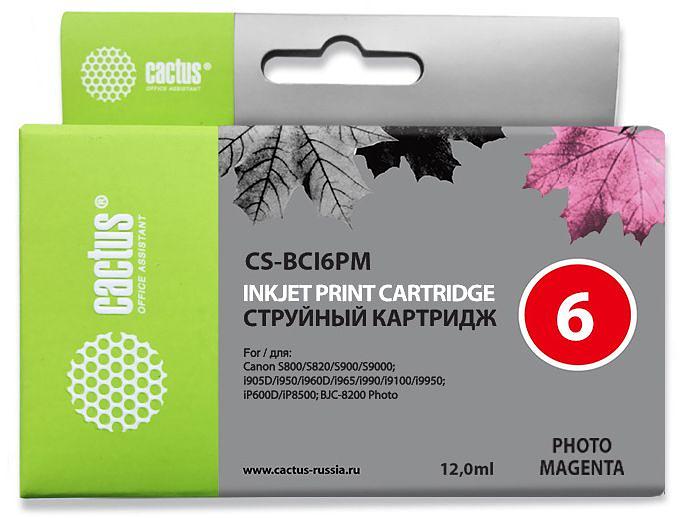 Картридж струйный Cactus CS-BCI6PM светло-пурпурный (12мл) для Canon BJC-8200/MP750/MP760/MP780/iP4000/iP5000/iP6000D/iP8500/S800/S820D/S830D/S900/S9000/i865/i905D/i9100/i950/i965/i990/i9900/i9951 фото 1