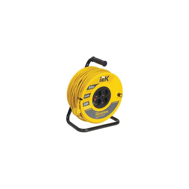 Удлинитель силовой IEK Industrial, розеток 4шт, 3x1.5 кв.мм, 16A, 50м, ПВС, катушка, желтый [wkp15-16-04-50] фото 1