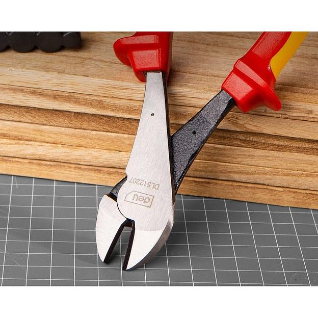 Диэлектрические усиленные диагональные бокорезы Deli DL512207 180мм, сталь Cr-V, сертификат VDE для работ под напряжением до 1000 В фото 4