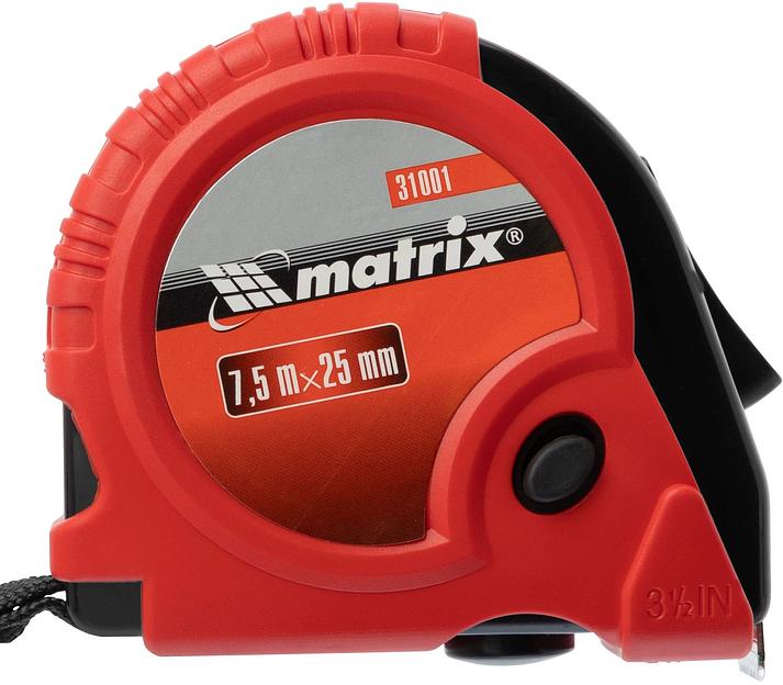 Рулетка строительная Matrix Rubber дл.полотна 7.5м изм.шкала в см зацеп простой красный/черный (31001) фото 4