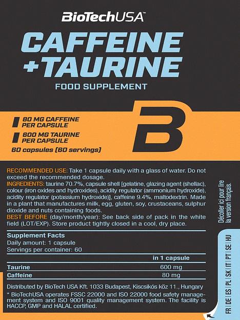 Таурин + кофеин BiotechUSA «Caffeine & taurine» 60 капс ОПТ фото 2