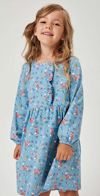 Детское голубое платье с принтом «лисята» ОПТ фото 1