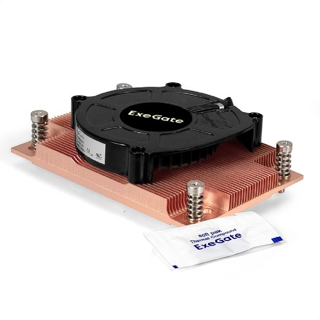 Exegate EX297634RUS Кулер ESNK-P0062AP4v2.PWM.1U.SP3.Cu (радиальный (улитка), медный, 1U, LGA SP3, TDP 165W, PWM, 1100-6300RPM, 2 ball bearing, 4pin, 63db, на винтах, с термопастой, box фото 1