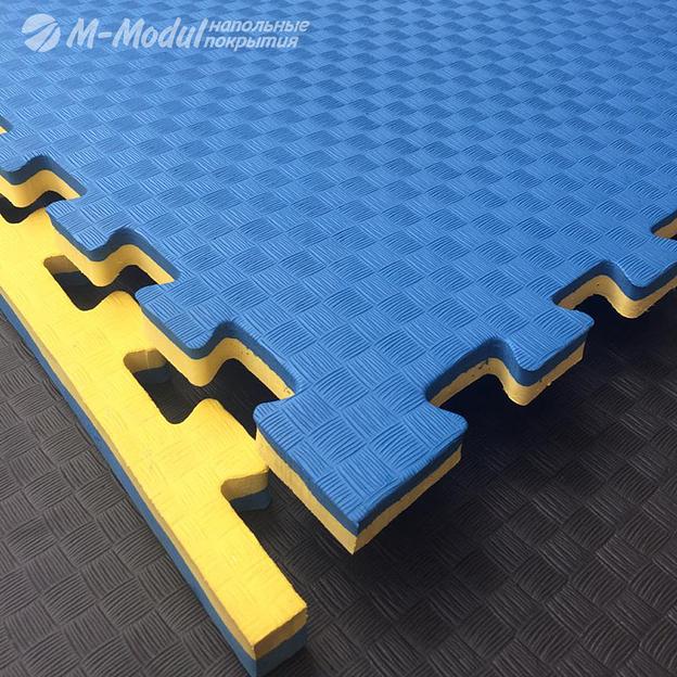 Мягкий модульный пол (будо-мат) двухсторонний 100x100 см, толщина 2 см, Цвет Желто-синий, Толщина модуля 20 мм. фото 1