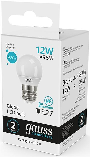 Лампа светодиодная Gauss Elementary 12Вт цок.:E27 шар 220B 4100K св.свеч.бел.нейт. (упак.:10шт) (53222) фото 4